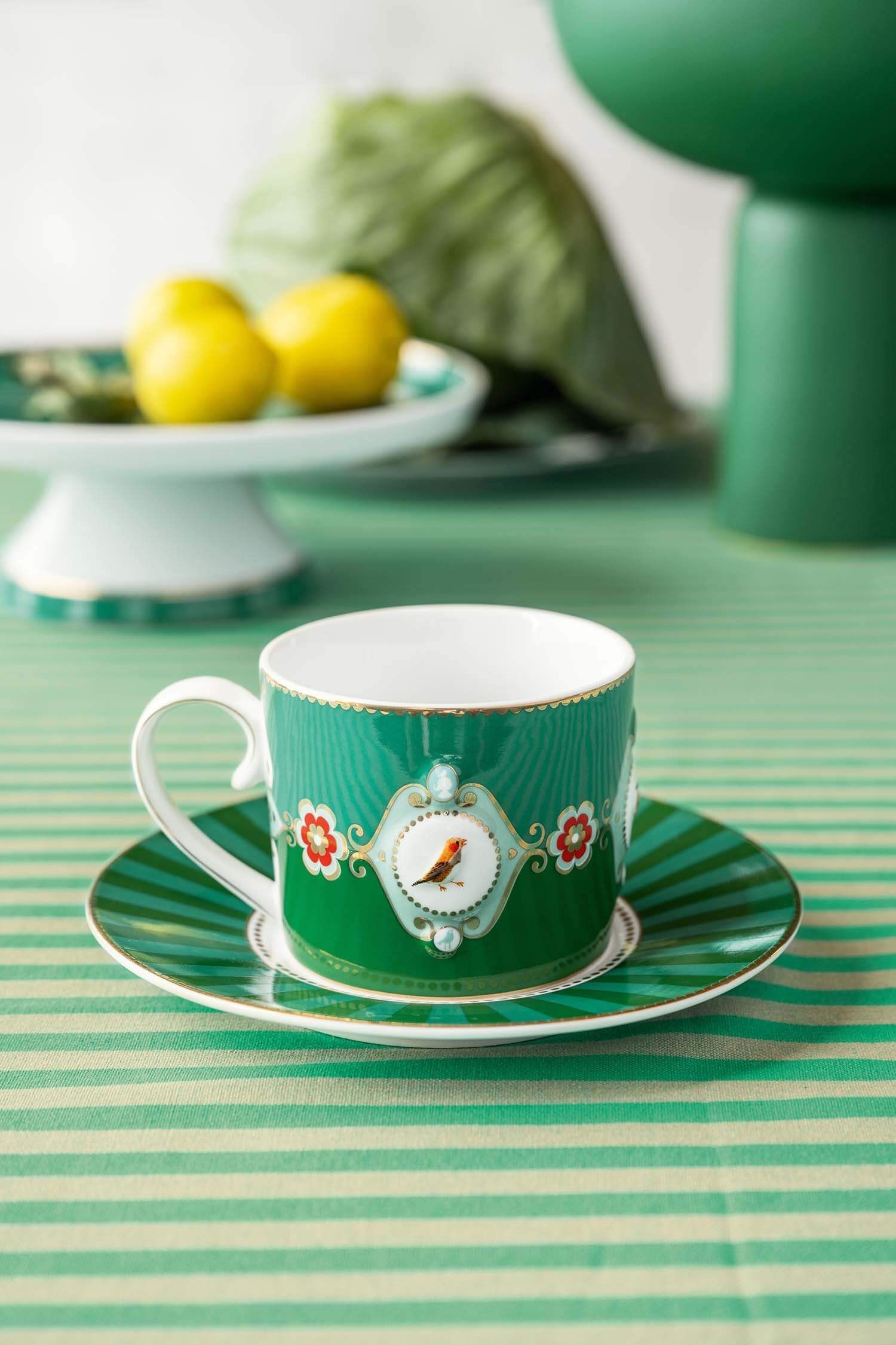 set-2-cups-saucers-love-birds-medallion-emerald-green