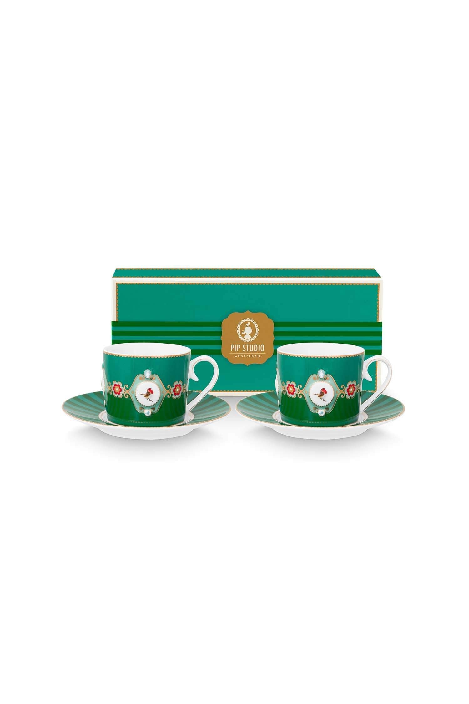 set-2-cups-saucers-love-birds-medallion-emerald-green